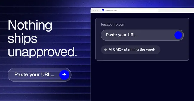 Social ad for BuzzBomb: "Nothing ships unapproved." Agentic glass style, browser layout, dark palette in blue, black.