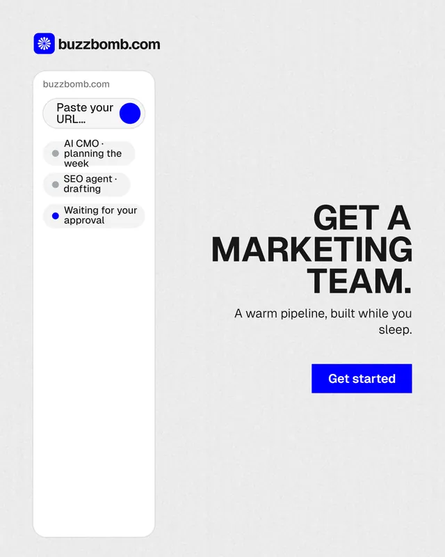 Instagram portrait post for BuzzBomb: "Get a marketing team." Swiss style, right layout, light palette in white, grey.