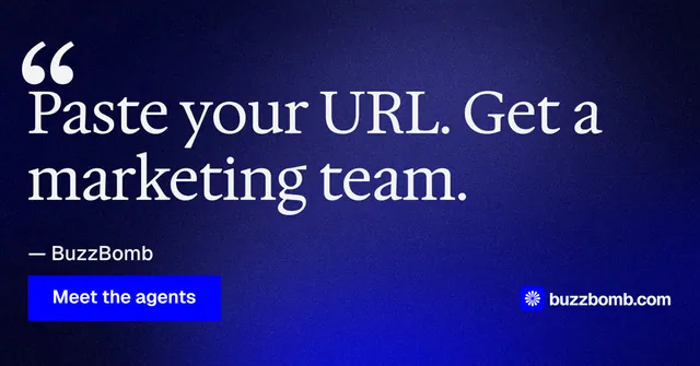 Social ad for BuzzBomb: "One launch. A week of posts." Swiss style, quote layout, dark palette in black, blue.