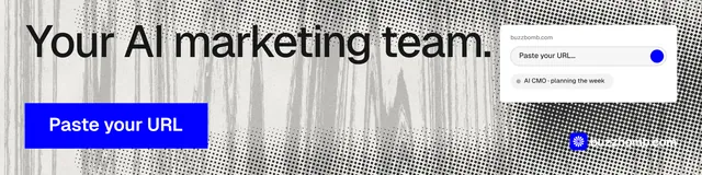 LinkedIn banner for BuzzBomb: "Your AI marketing team." Swiss style, skeleton layout, light palette in grey, white, blue.