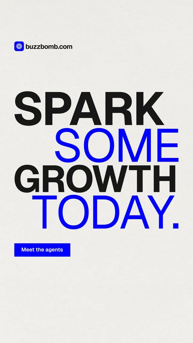 Instagram story for BuzzBomb: "Spark some growth today." Swiss style, stacked layout, light palette in white, blue.