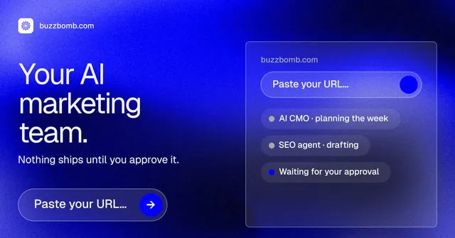 Social ad for BuzzBomb: "Your AI marketing team." Agentic glass style, bottom layout, dark palette in blue.