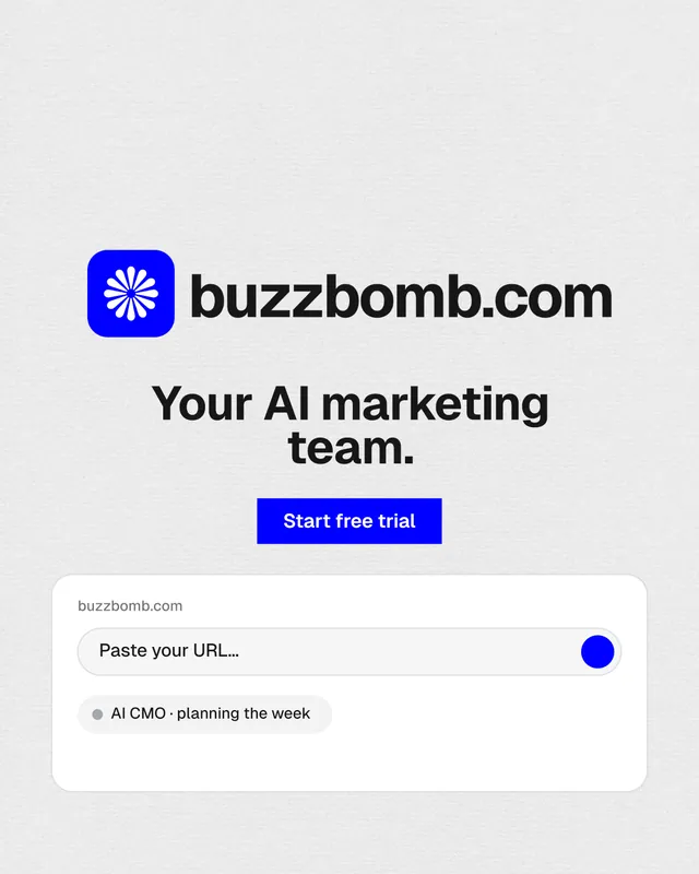 Instagram portrait post for BuzzBomb: "Your AI marketing team." Swiss style, logo hero layout, light palette in white, blue.
