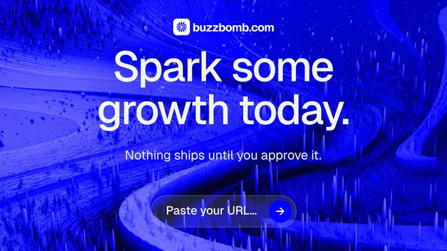 Landscape graphic for BuzzBomb: "Spark some growth today." Agentic glass style, centred layout, dark palette in blue.