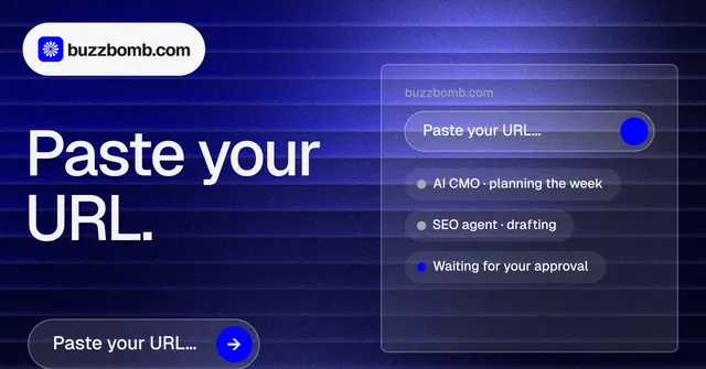 Social ad for BuzzBomb: "Paste your URL." Agentic glass style, bottom layout, dark palette in blue.