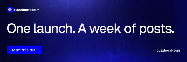 X header for BuzzBomb: "One launch. A week of posts." Swiss style, poster layout, dark palette in black, blue.