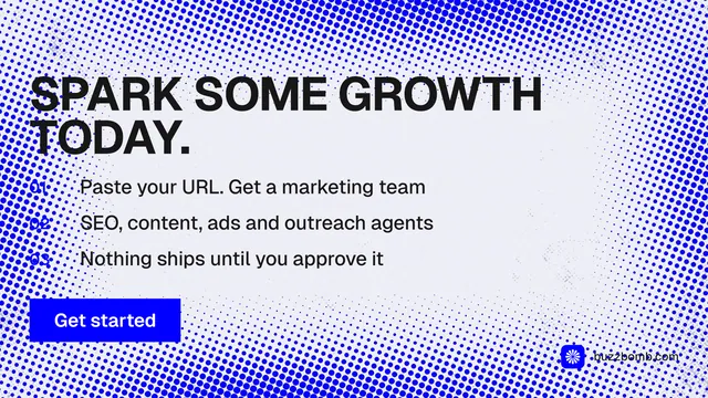 Landscape graphic for BuzzBomb: "Spark some growth today." Swiss style, numbered layout, light palette in blue, white.