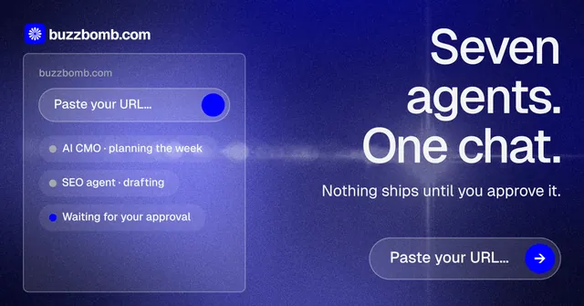 Social ad for BuzzBomb: "Seven agents. One chat." Agentic glass style, right layout, dark palette in blue.