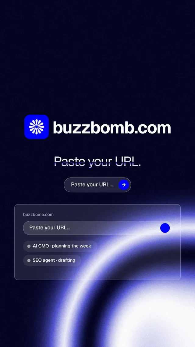 Instagram story for BuzzBomb: "Paste your URL." Agentic glass style, logo hero layout, dark palette in black, blue.