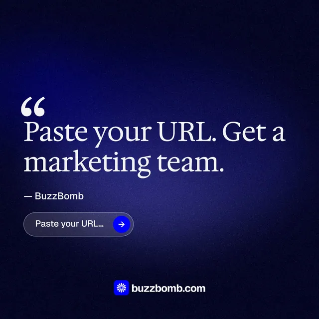 Instagram post for BuzzBomb: "Paste your URL." Agentic glass style, quote layout, dark palette in black, blue.