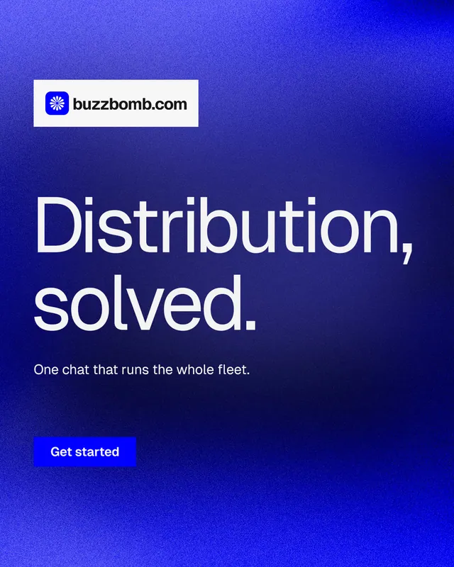 Instagram portrait post for BuzzBomb: "Distribution, solved." Swiss style, announce layout, dark palette in blue.