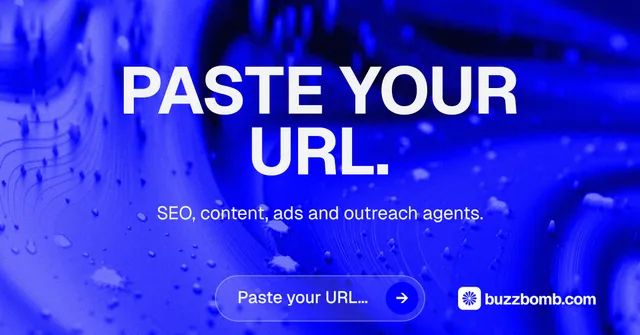 Social ad for BuzzBomb: "Paste your URL." Agentic glass style, centred layout, dark palette in blue.