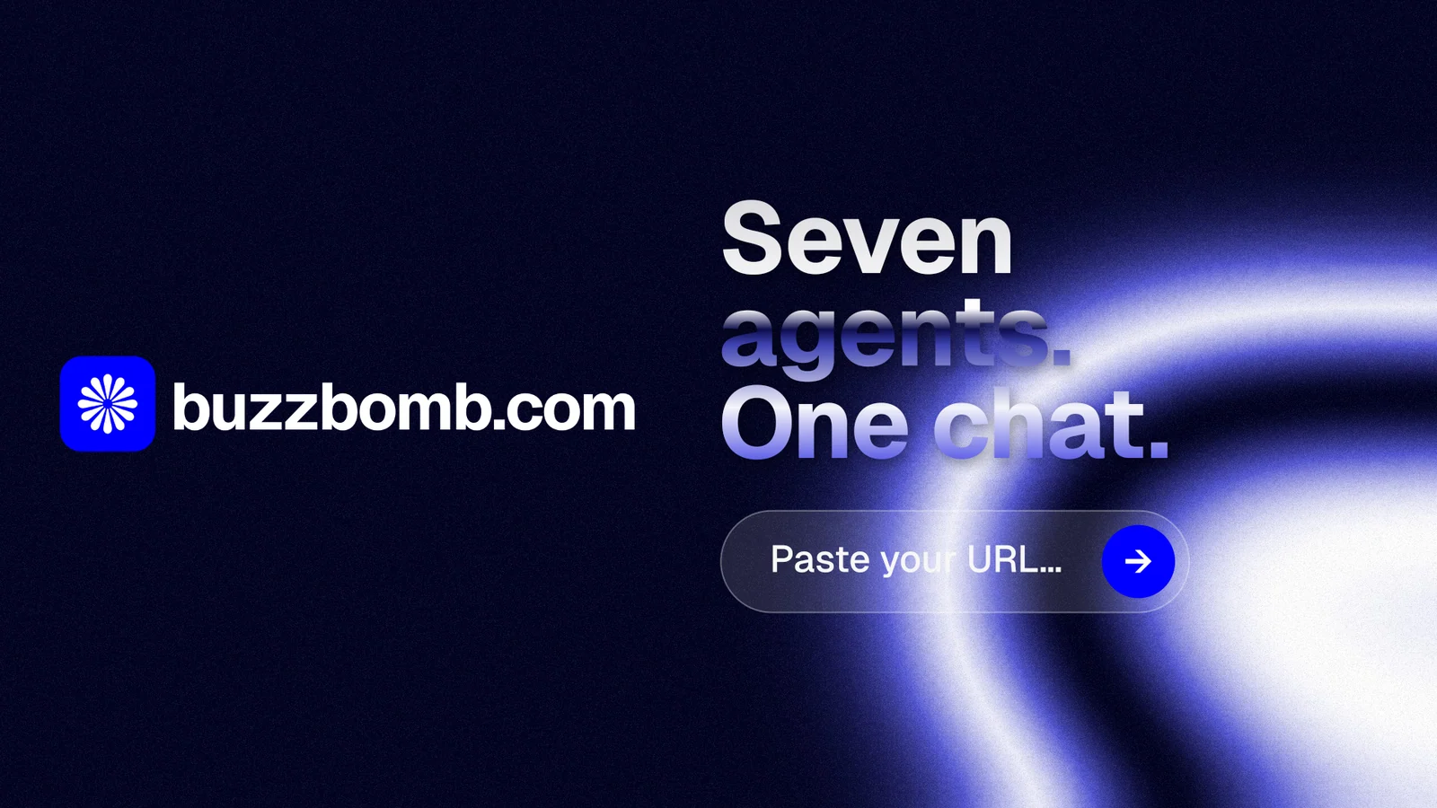 Landscape graphic for BuzzBomb: "Seven agents. One chat." Agentic glass style, logo hero layout, dark palette in black, blue.