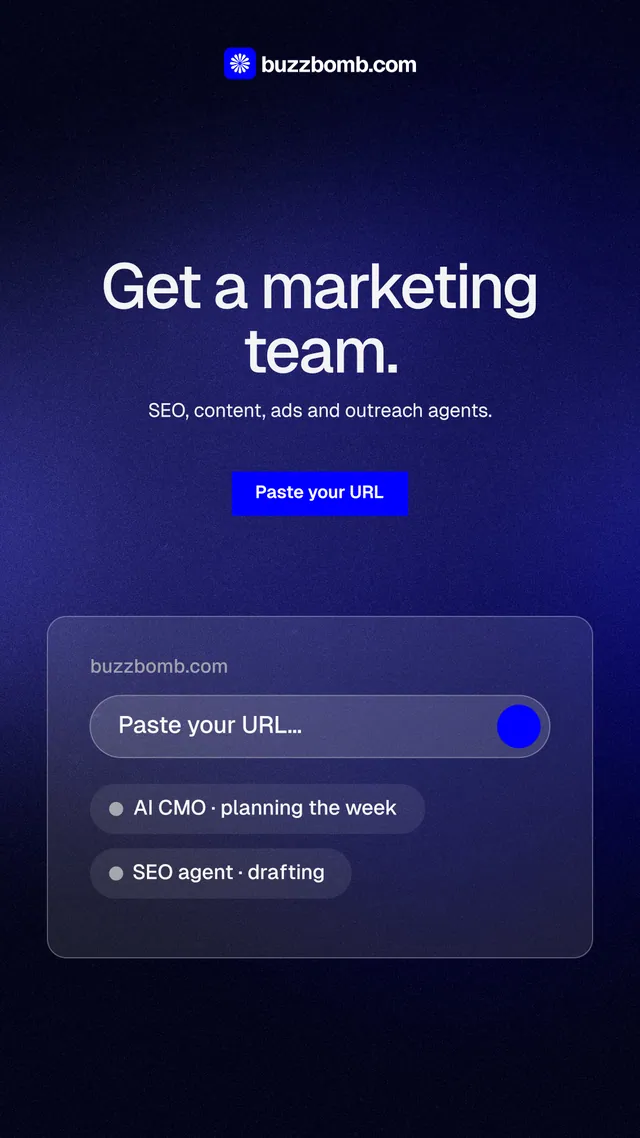 Instagram story for BuzzBomb: "Get a marketing team." Swiss style, centred layout, dark palette in black, blue.