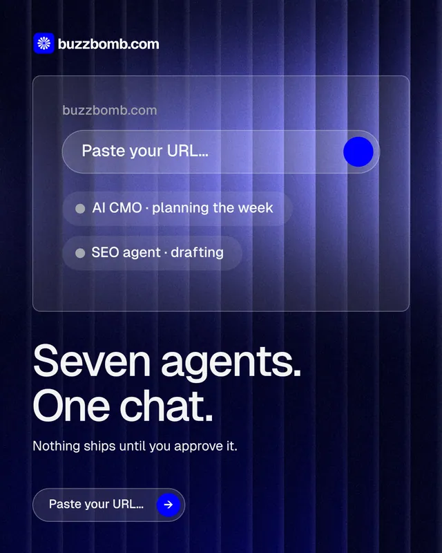Instagram portrait post for BuzzBomb: "Seven agents. One chat." Agentic glass style, bottom layout, dark palette in blue, black.