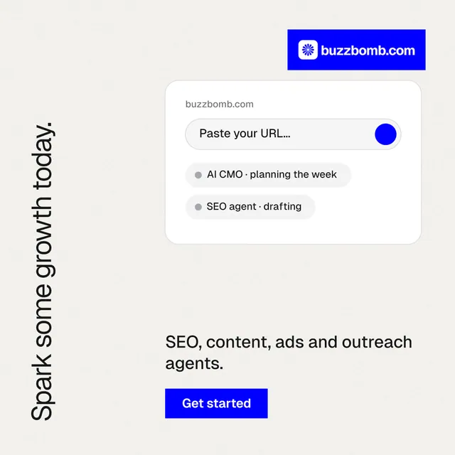 Instagram post for BuzzBomb: "Spark some growth today." Swiss style, vertical layout, light palette in white, blue.