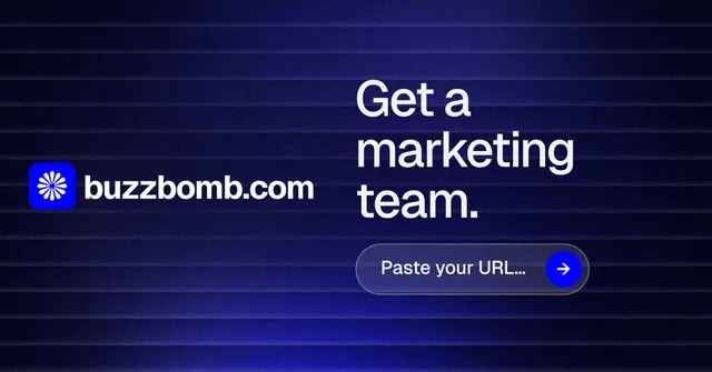 Social ad for BuzzBomb: "Get a marketing team." Agentic glass style, logo hero layout, dark palette in black, blue.