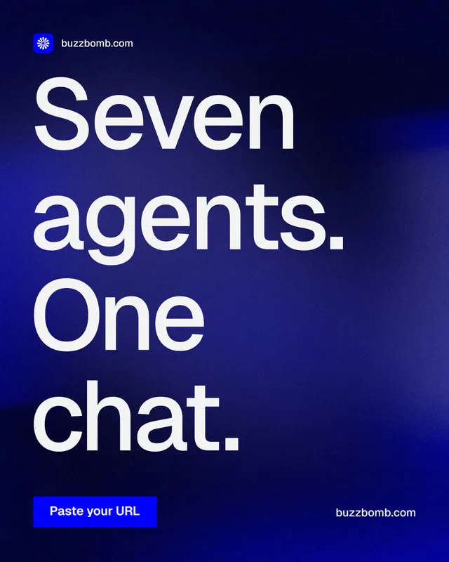 Instagram portrait post for BuzzBomb: "Seven agents. One chat." Swiss style, poster layout, dark palette in black, blue, grey.