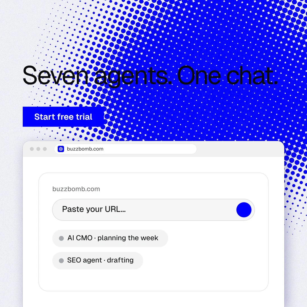 Instagram post for BuzzBomb: "Seven agents. One chat." Swiss style, browser layout, light palette in blue, white.