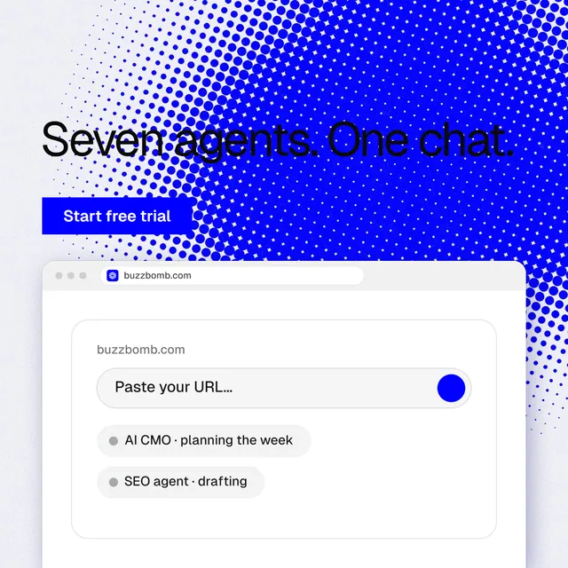 Instagram post for BuzzBomb: "Seven agents. One chat." Swiss style, browser layout, light palette in blue, white.