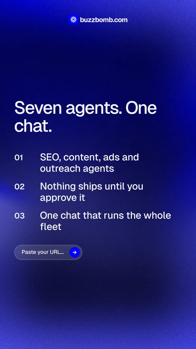 Instagram story for BuzzBomb: "Seven agents. One chat." Agentic glass style, numbered layout, dark palette in blue.