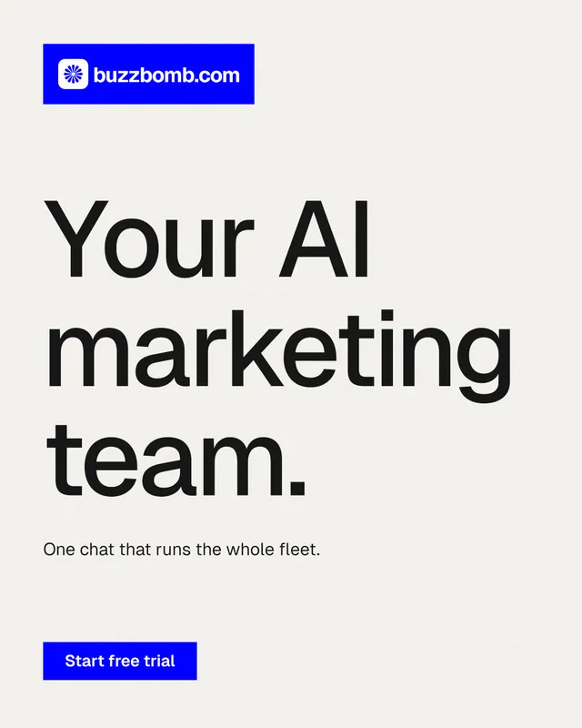 Instagram portrait post for BuzzBomb: "Your AI marketing team." Swiss style, announce layout, light palette in white, blue.