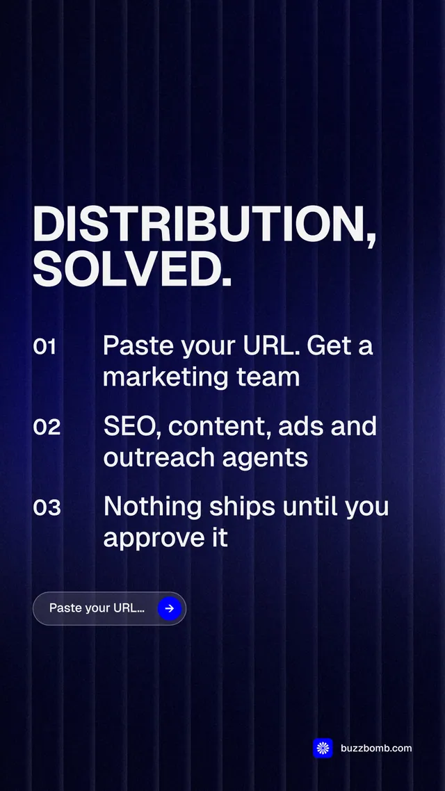 Instagram story for BuzzBomb: "Distribution, solved." Agentic glass style, numbered layout, dark palette in black, blue, grey.