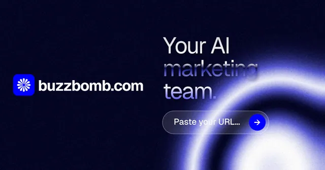 Social ad for BuzzBomb: "Your AI marketing team." Agentic glass style, logo hero layout, dark palette in black, blue.