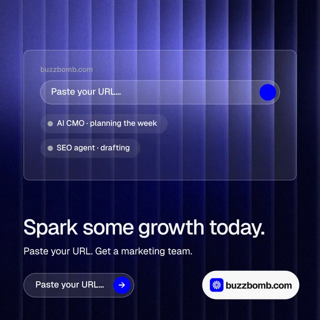 Instagram post for BuzzBomb: "Spark some growth today." Agentic glass style, bottom layout, dark palette in black, blue.