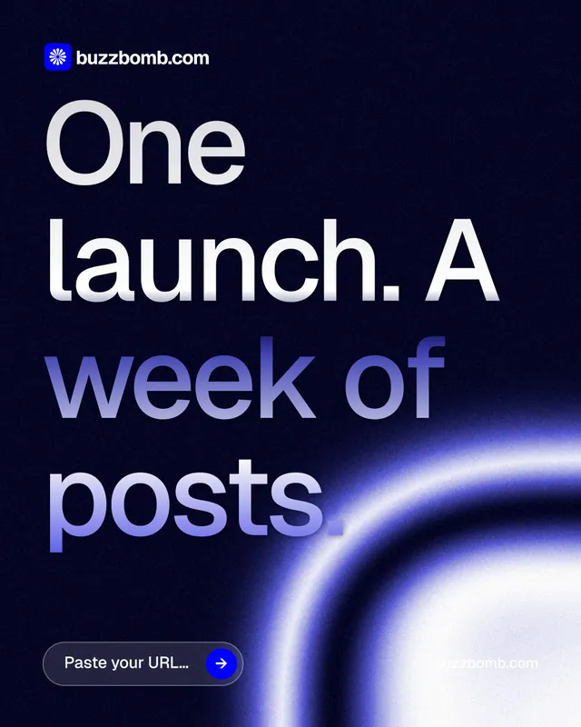 Instagram portrait post for BuzzBomb: "One launch. A week of posts." Agentic glass style, poster layout, dark palette in black, blue.