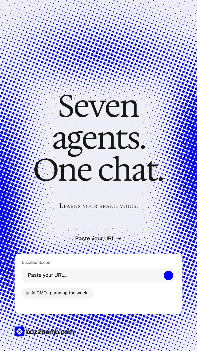 Instagram story for BuzzBomb: "Seven agents. One chat." Split block style, smallcaps layout, light palette in blue, white.