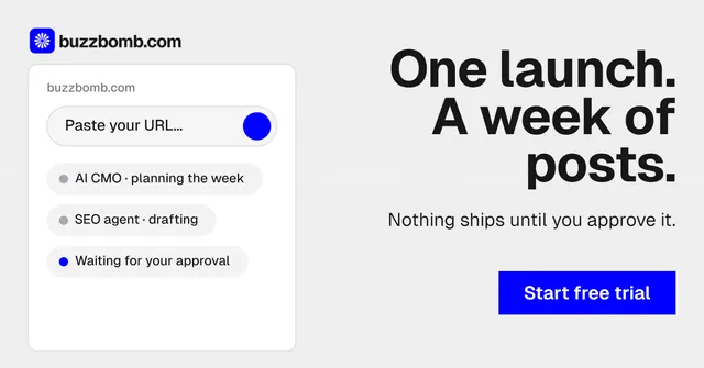 Social ad for BuzzBomb: "One launch. A week of posts." Swiss style, right layout, light palette in white, blue.