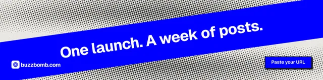 LinkedIn banner for BuzzBomb: "One launch. A week of posts." Brutalist style, diagonal layout, dark palette in blue, grey.