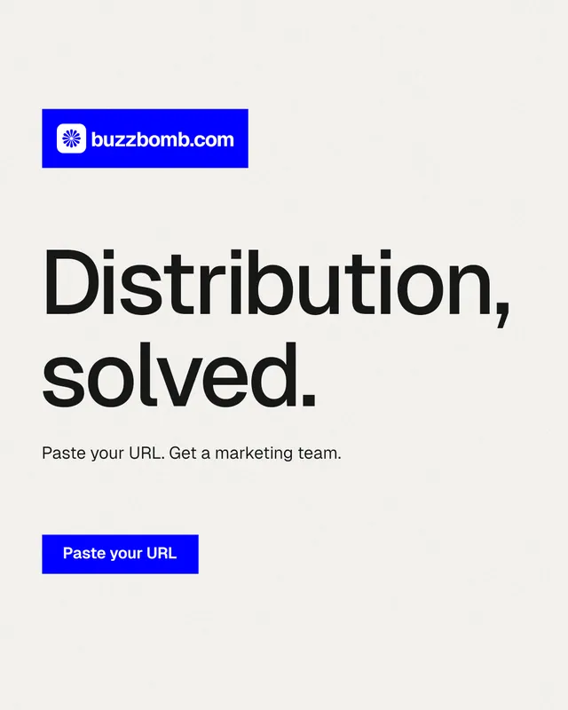 Instagram portrait post for BuzzBomb: "Distribution, solved." Swiss style, announce layout, light palette in white, blue.