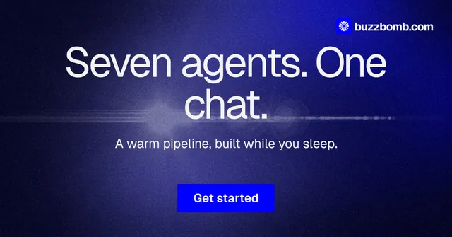 Social ad for BuzzBomb: "Seven agents. One chat." Swiss style, centred layout, dark palette in black, blue.