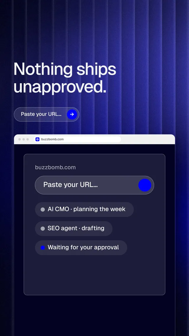 Instagram story for BuzzBomb: "Nothing ships unapproved." Agentic glass style, browser layout, dark palette in blue, black, grey.