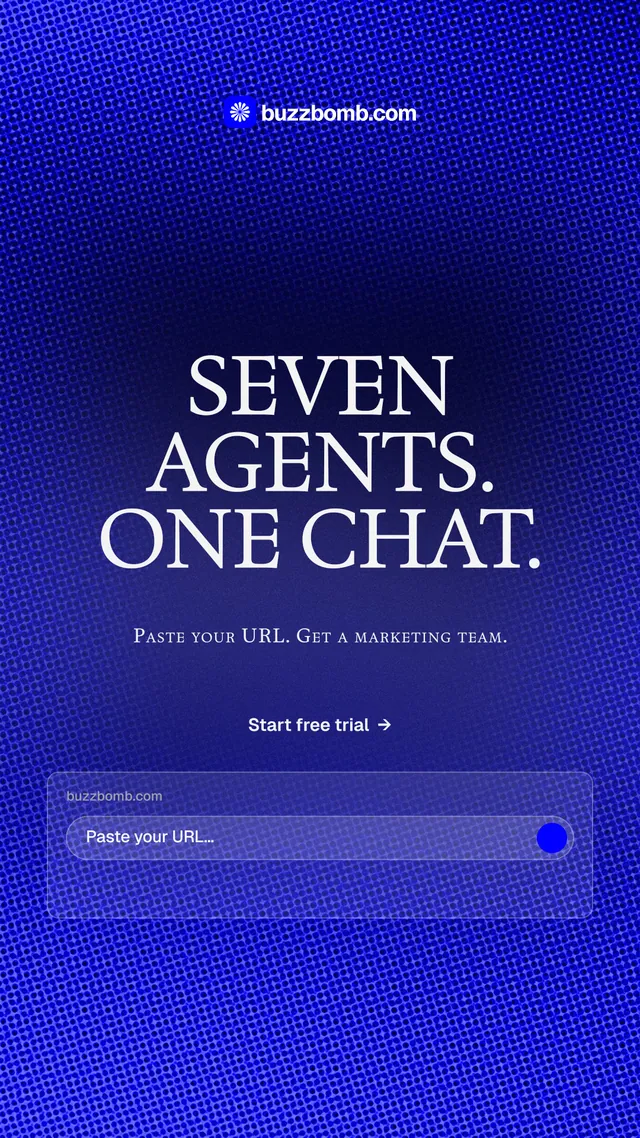 Instagram story for BuzzBomb: "Seven agents. One chat." Agentic glass style, smallcaps layout, dark palette in blue.