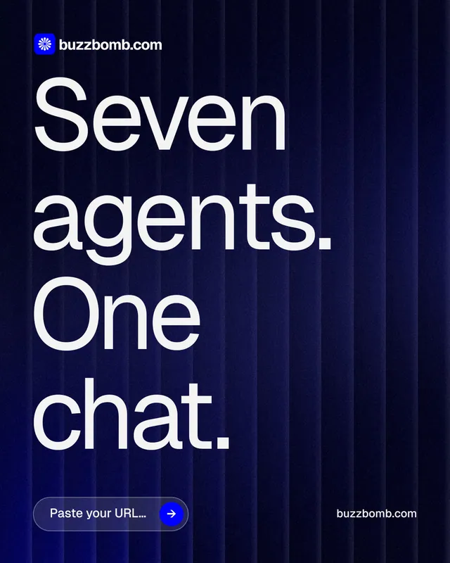 Instagram portrait post for BuzzBomb: "Seven agents. One chat." Agentic glass style, poster layout, dark palette in black, blue, grey.