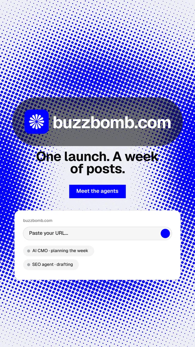 Instagram story for BuzzBomb: "One launch. A week of posts." Split block style, logo hero layout, light palette in blue, white.