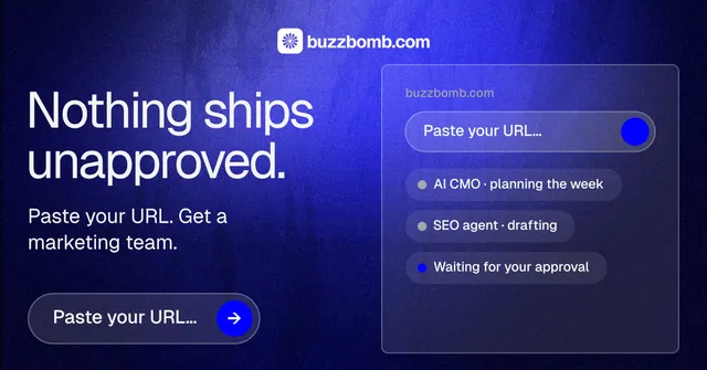 Social ad for BuzzBomb: "Nothing ships unapproved." Agentic glass style, bottom layout, dark palette in blue.