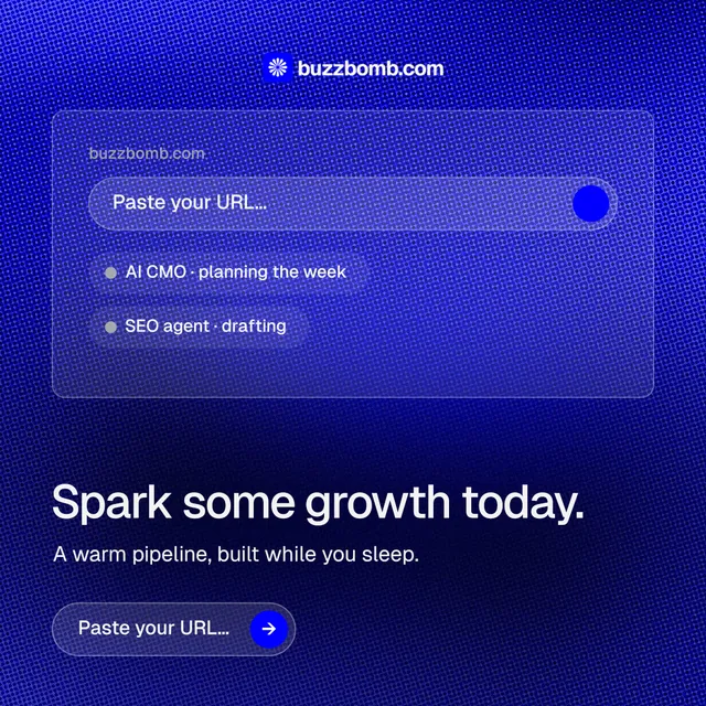 Instagram post for BuzzBomb: "Spark some growth today." Agentic glass style, bottom layout, dark palette in blue.