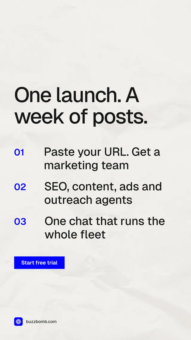 Instagram story for BuzzBomb: "One launch. A week of posts." Swiss style, numbered layout, light palette in white, grey.