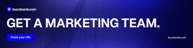 LinkedIn banner for BuzzBomb: "Get a marketing team." Swiss style, poster layout, dark palette in blue.
