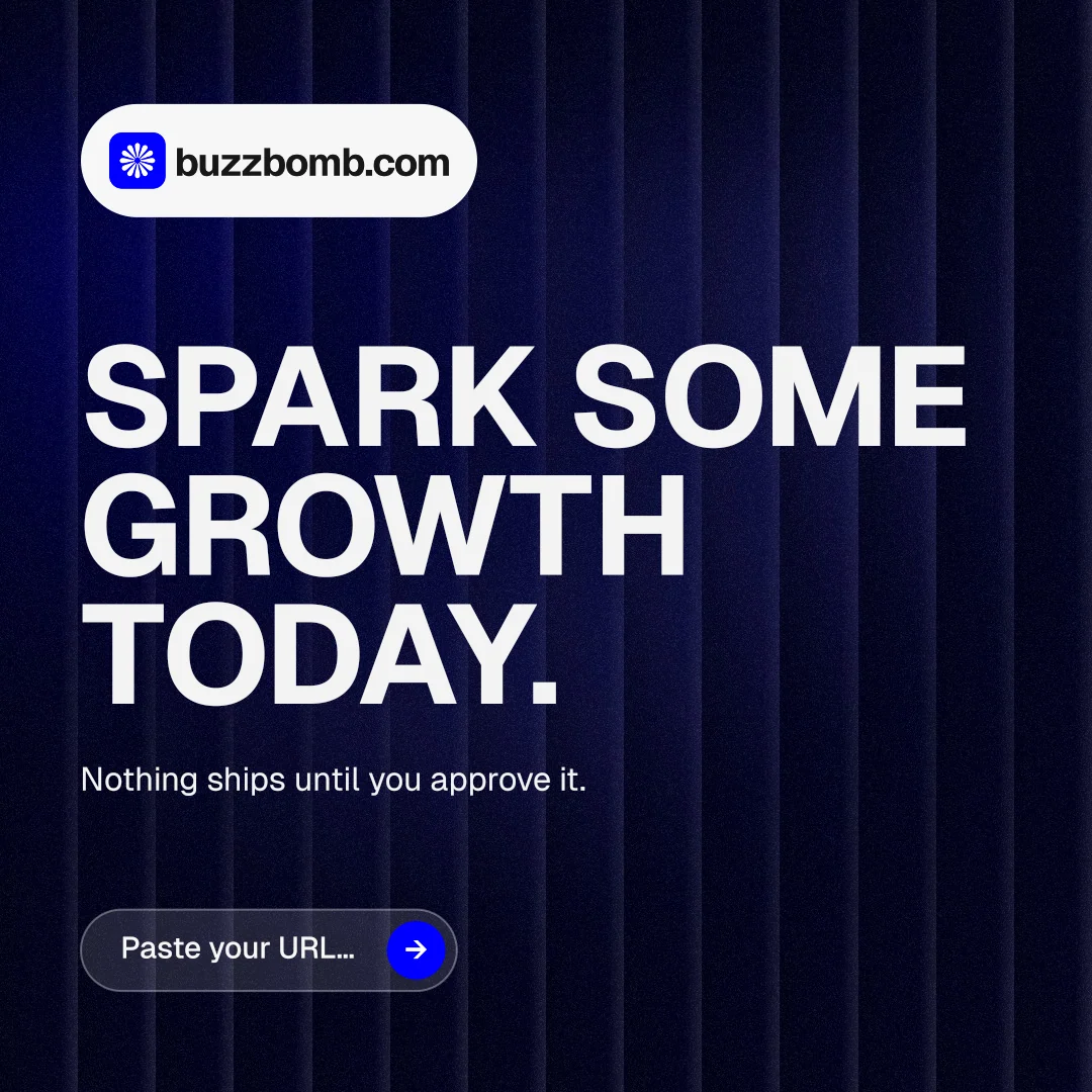 Instagram post for BuzzBomb: "Spark some growth today." Agentic glass style, announce layout, dark palette in black, grey, blue.
