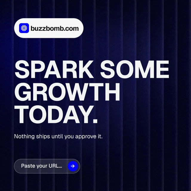Instagram post for BuzzBomb: "Spark some growth today." Agentic glass style, announce layout, dark palette in black, grey, blue.