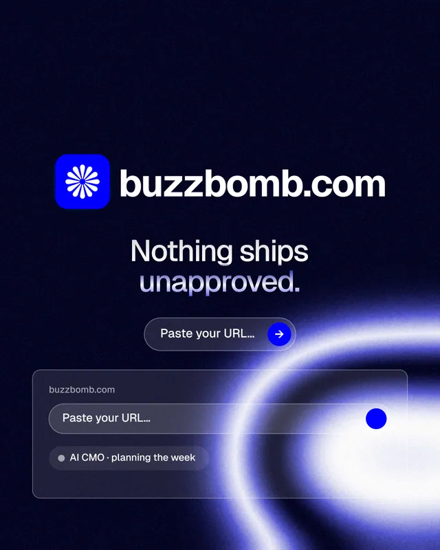 Instagram portrait post for BuzzBomb: "Nothing ships unapproved." Agentic glass style, logo hero layout, dark palette in black, blue.