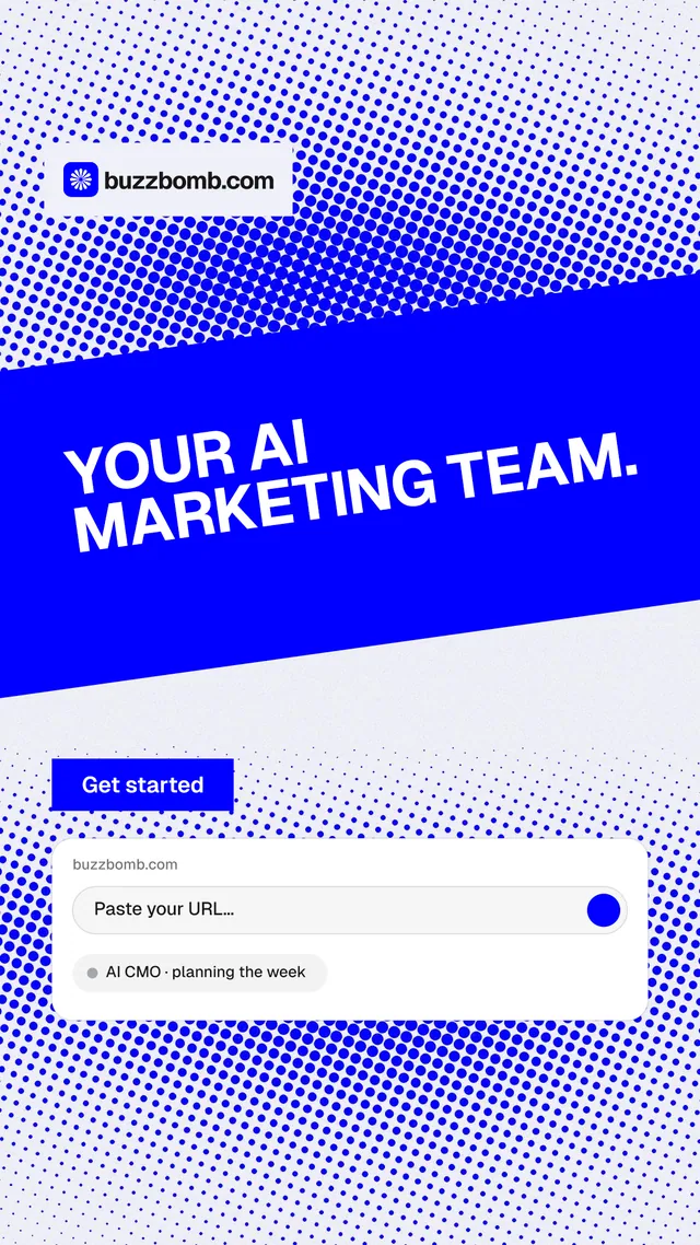 Instagram story for BuzzBomb: "Your AI marketing team." Swiss style, diagonal layout, light palette in blue, white.