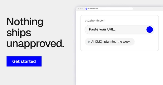 Social ad for BuzzBomb: "Nothing ships unapproved." Swiss style, browser layout, light palette in white, blue.
