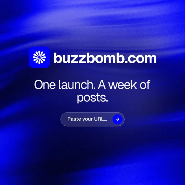 Instagram post for BuzzBomb: "One launch. A week of posts." Agentic glass style, logo hero layout, dark palette in blue.