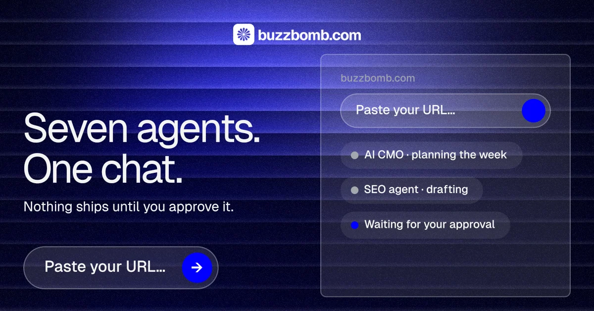 Social ad for BuzzBomb: "Seven agents. One chat." Agentic glass style, bottom layout, dark palette in black, blue.